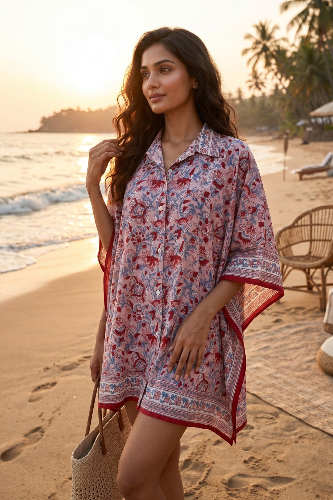 PINK RED FLORAL BLOCK PRINT COTTON KAFTAN TOP