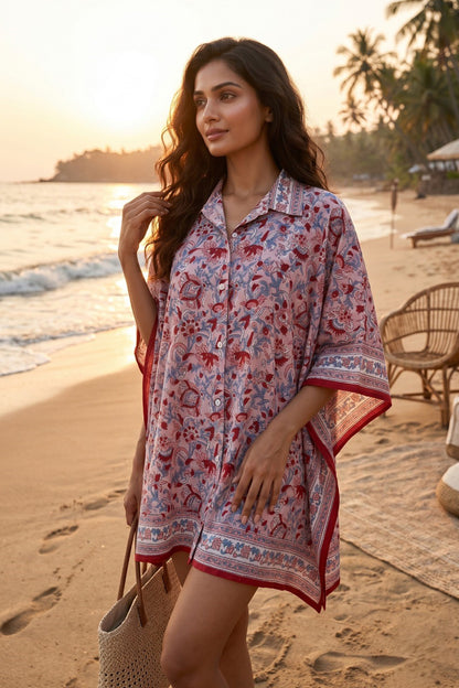 PINK RED FLORAL BLOCK PRINT COTTON KAFTAN TOP
