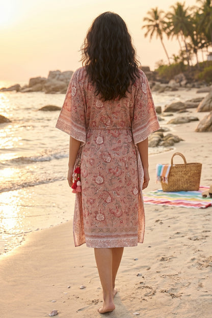 Brown Block Print Floral Cotton  Kaftan - NVK573