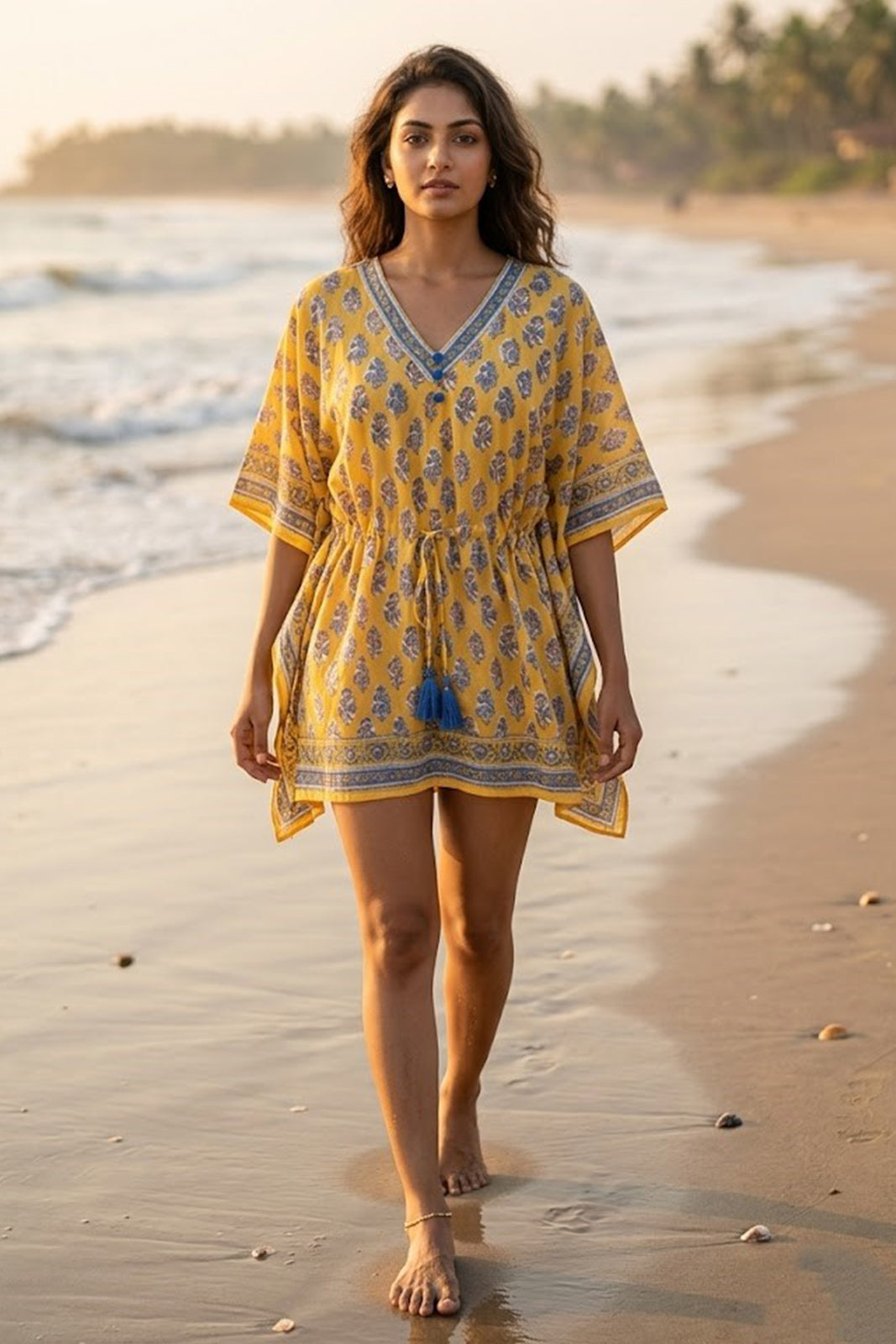 YELLOW BLOCK PRINTED KAFTAN TOP-NVK569
