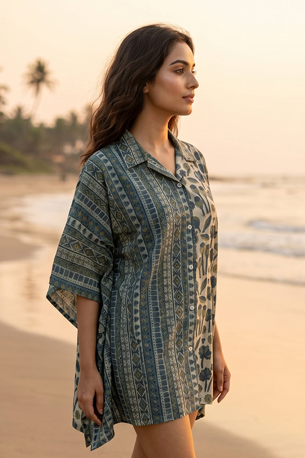 GREEN FLORAL BLOCK PRINT COTTON KAFTAN TOP - NVK579