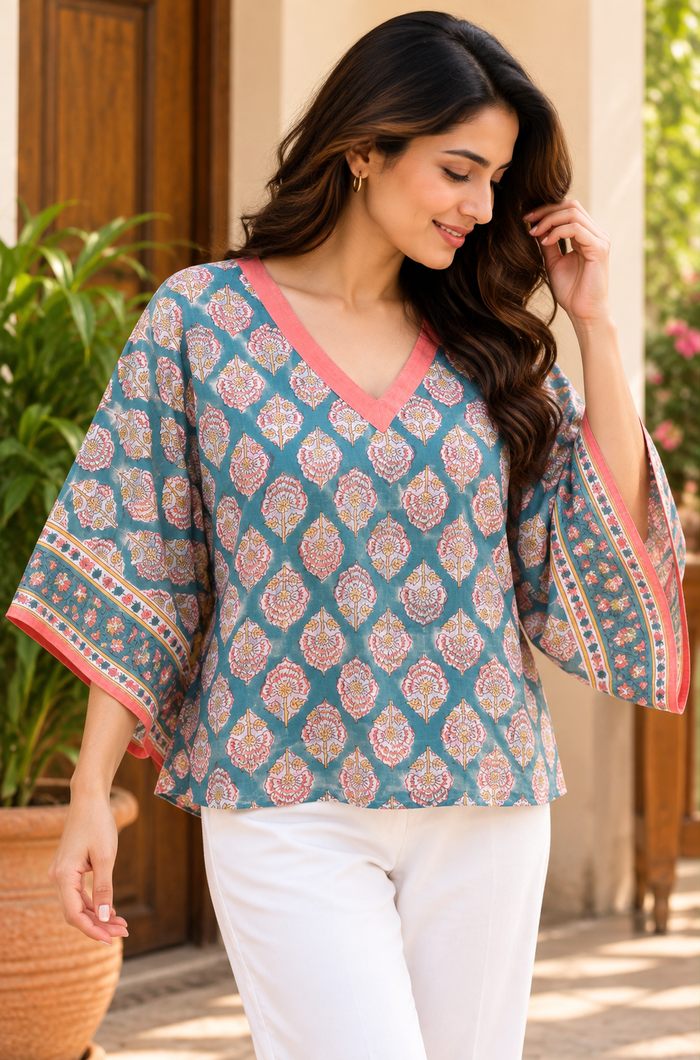 BLUE COTTON MULMUL FLORAL SHORT KAFTAN
