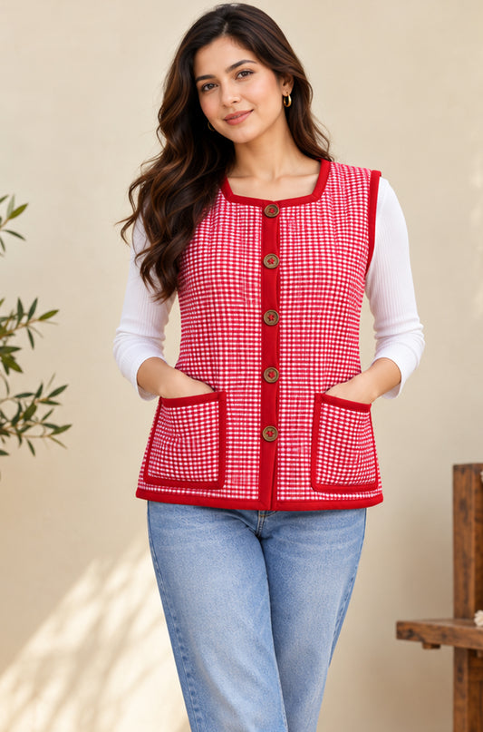 RED GINGHAM CHECKS QUILTED SLEEVELESS JACKET