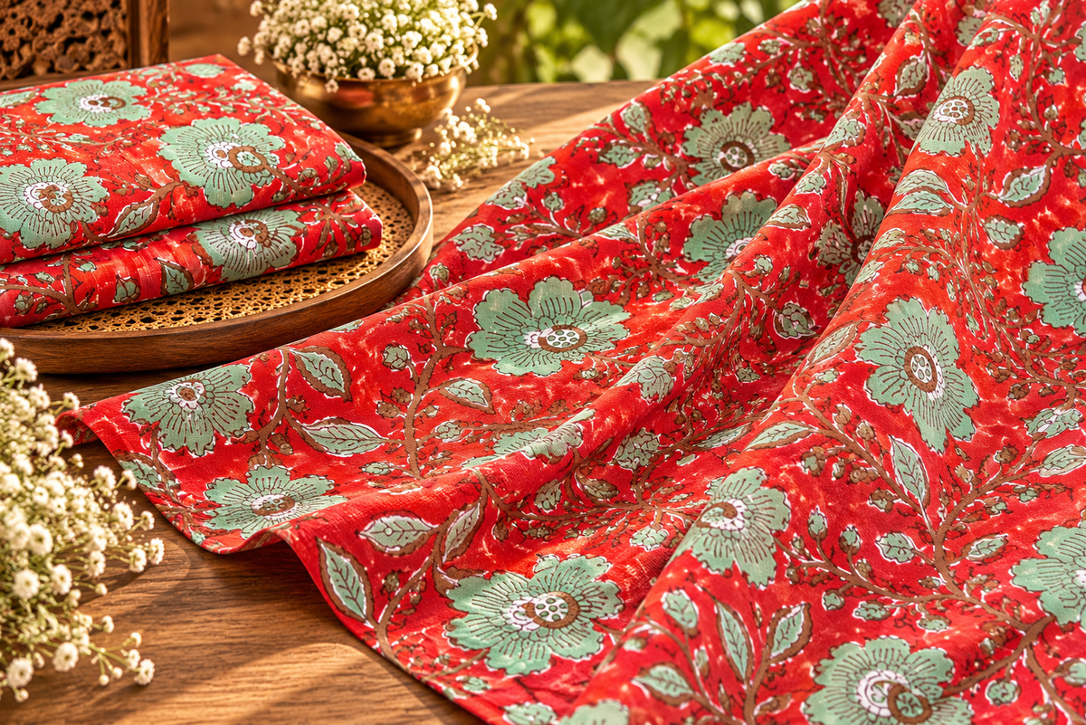 FLORAL HAND BLOCK PRINTED COTTON FABRIC-HF6464