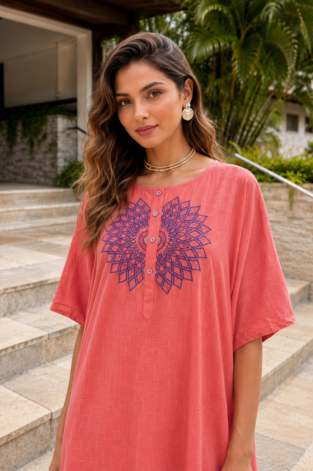 CORAL PINK WORK COTTON  KAFTAN
