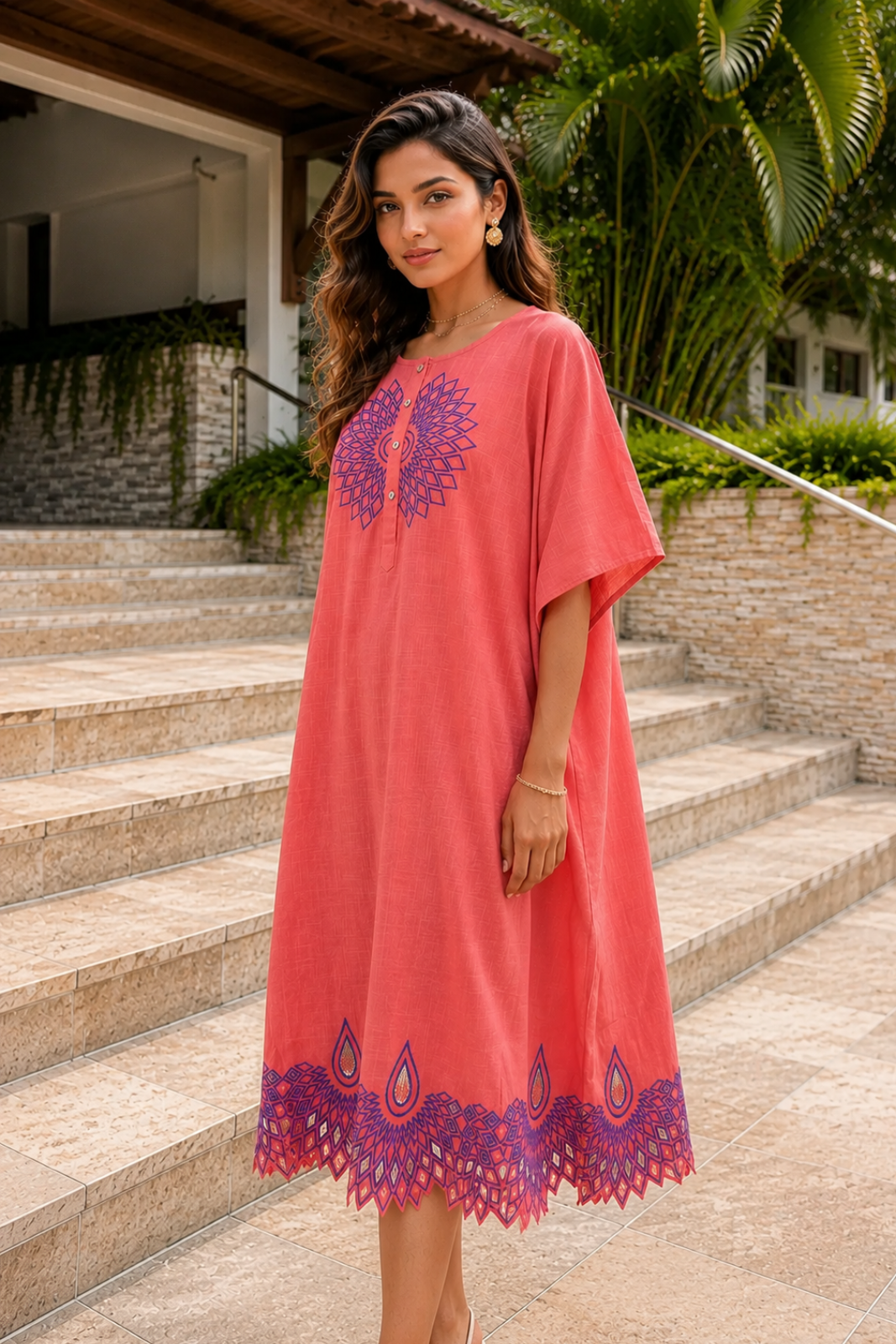 CORAL PINK WORK COTTON  KAFTAN