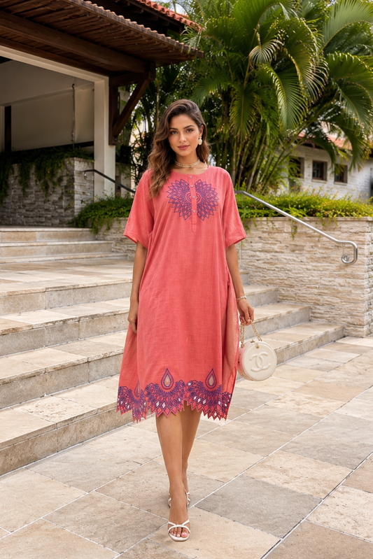 CORAL PINK WORK COTTON  KAFTAN - NVK591
