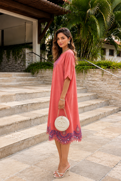 CORAL PINK WORK COTTON  KAFTAN