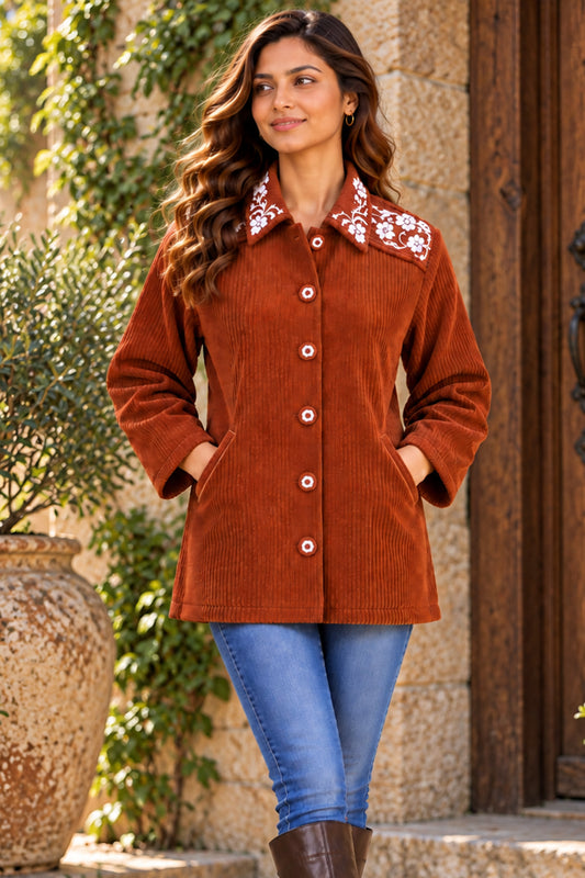 Rust Brown Floral Embroidered Corduroy Jacket