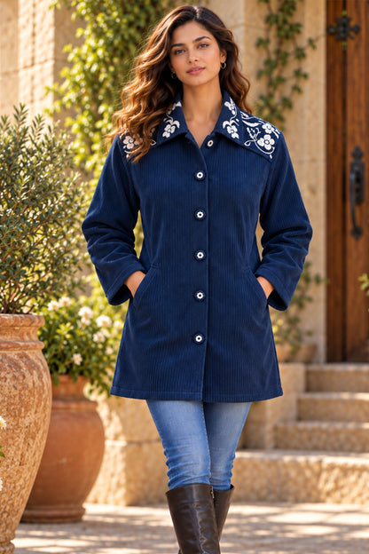 Blue Floral Embroidered Corduroy Jacket-NVQJ685