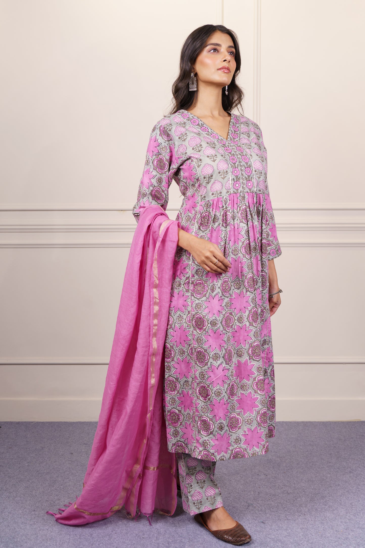 Pink Grey A Line Kurta Dupatta Set-KS815