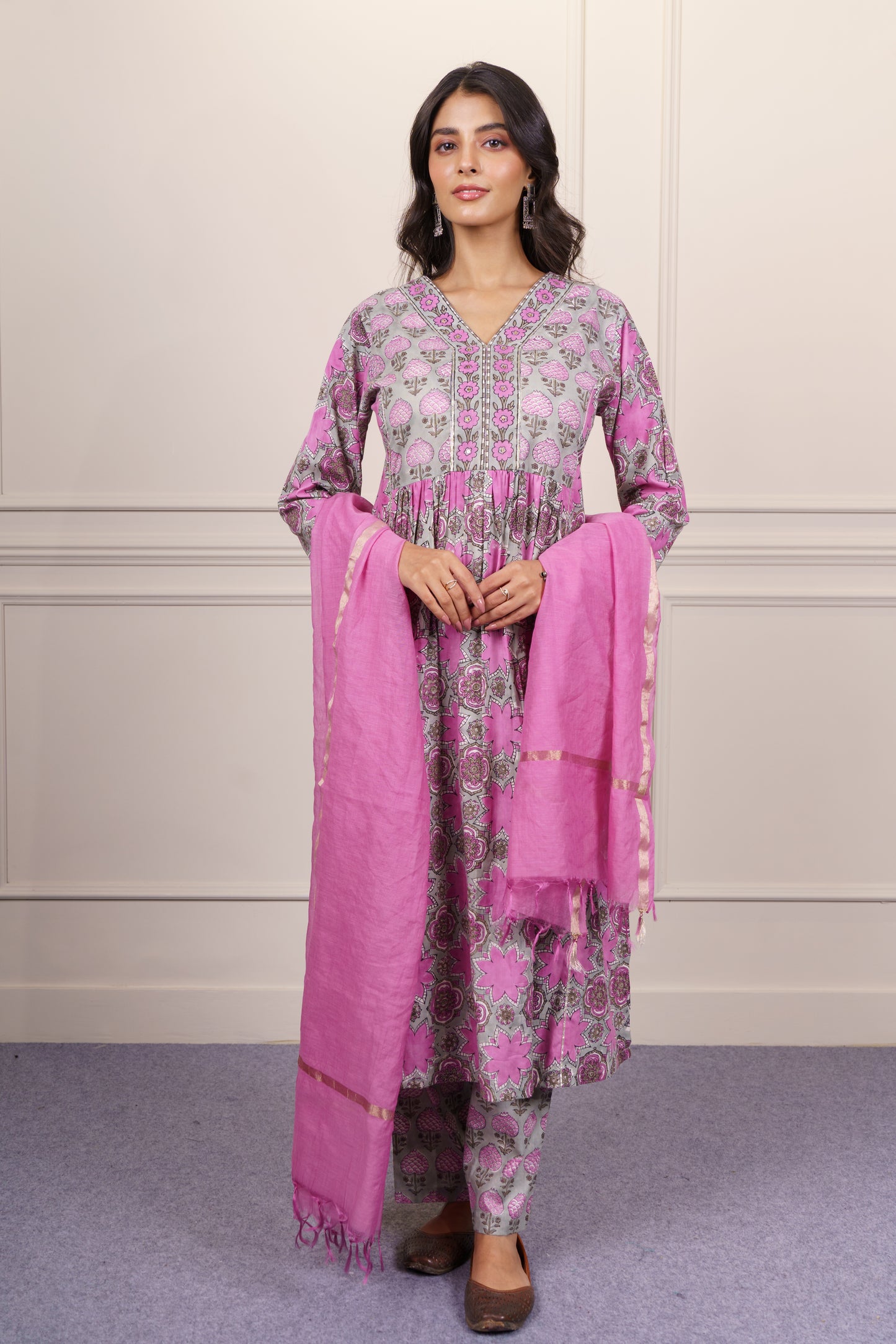 Pink Grey A Line Kurta Dupatta Set-KS815