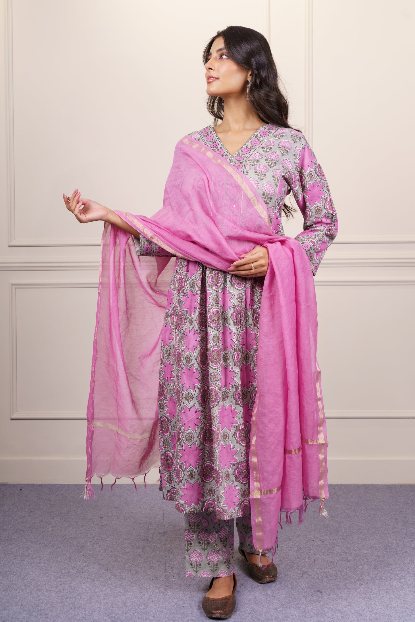 Pink Grey A Line Kurta Dupatta Set-KS815