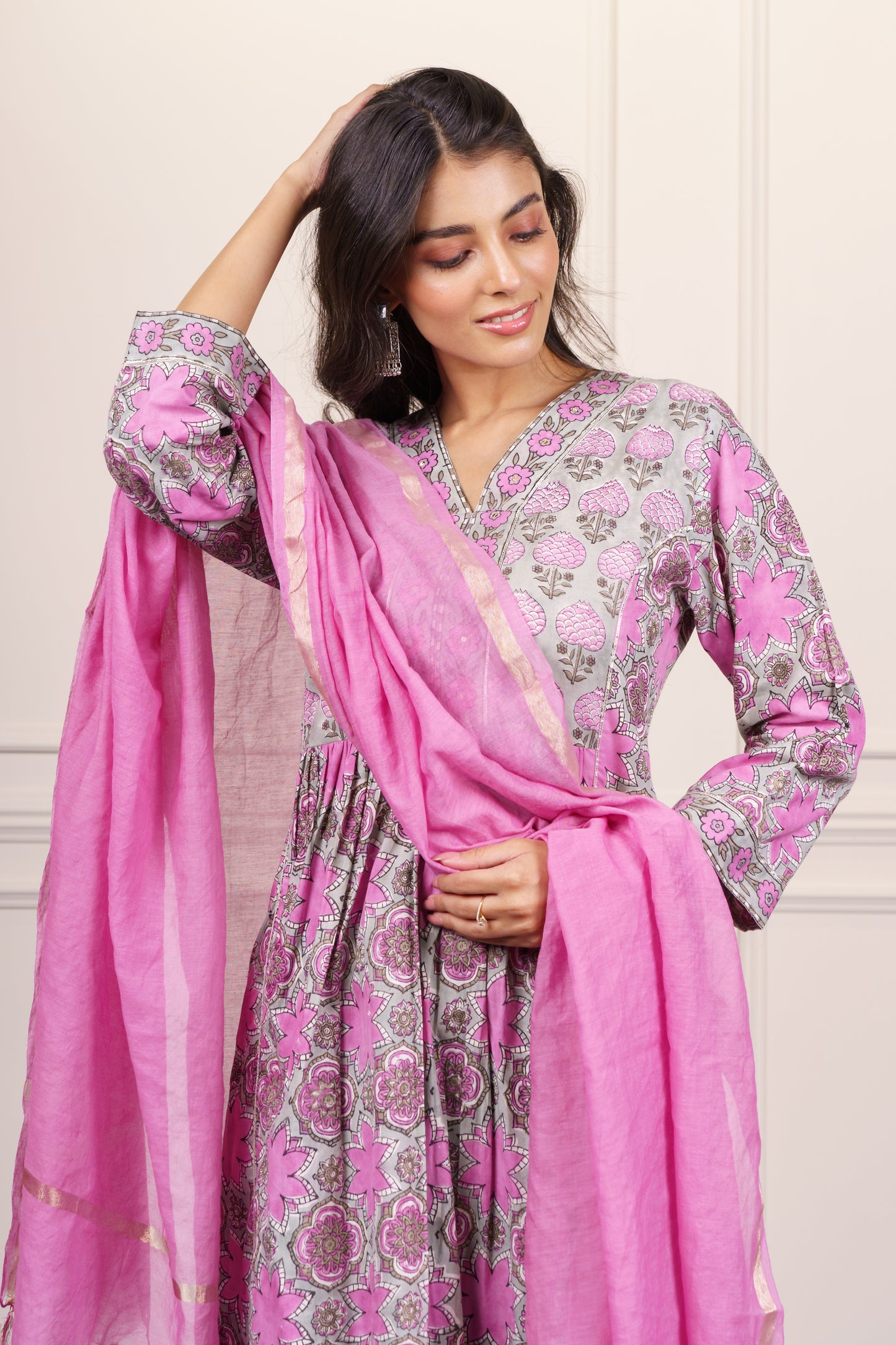 Pink Grey A Line Kurta Dupatta Set-KS815