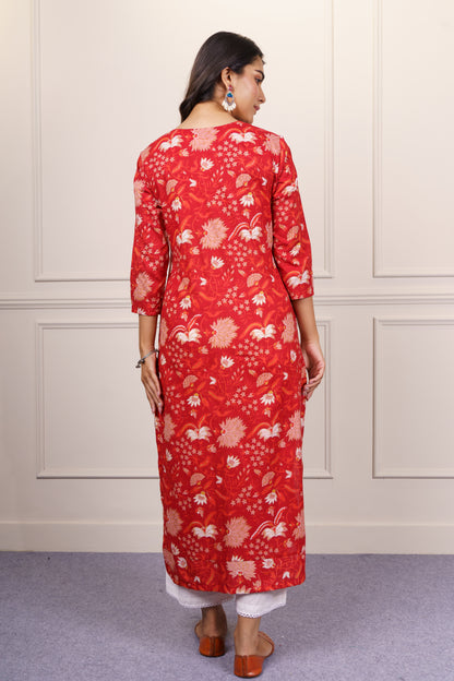 Red Floral Cotton Kurta Dupatta Set-KS826