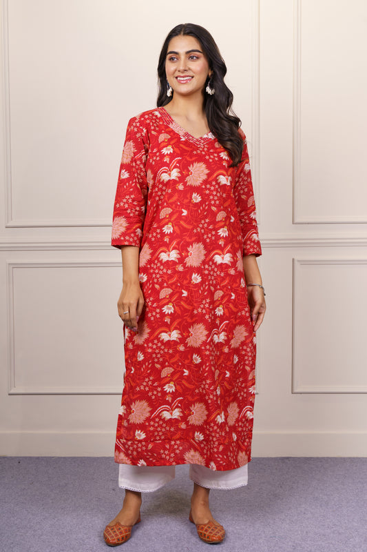 Red Floral Cotton Kurta Set-KS810