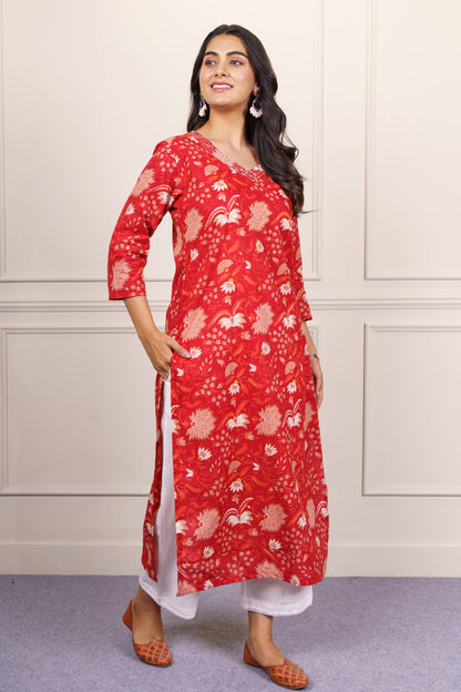Red Floral Cotton Kurta Set-KS810
