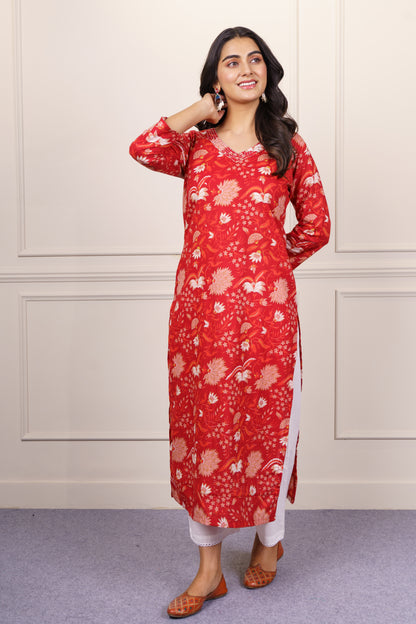 Red Floral Cotton Kurta Set-KS810