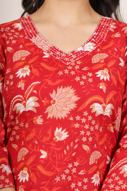 Red Floral Cotton Kurta-KS796