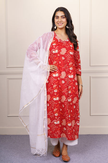 Red Floral Cotton Kurta Dupatta Set-KS826