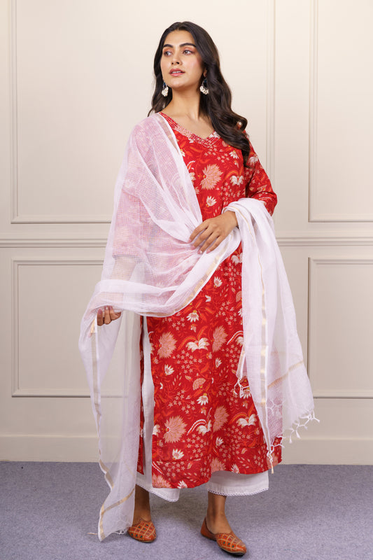 Red Floral Cotton Kurta Dupatta Set-KS826