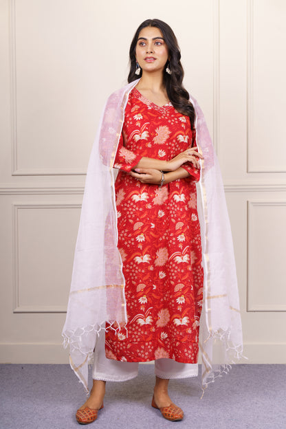 Red Floral Cotton Kurta Dupatta Set-KS826