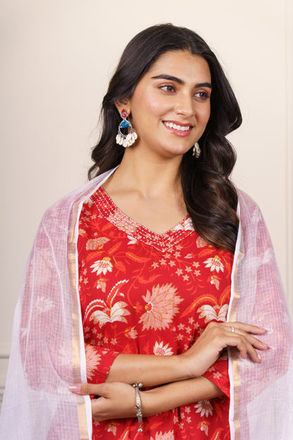 Red Floral Cotton Kurta Dupatta Set-KS826