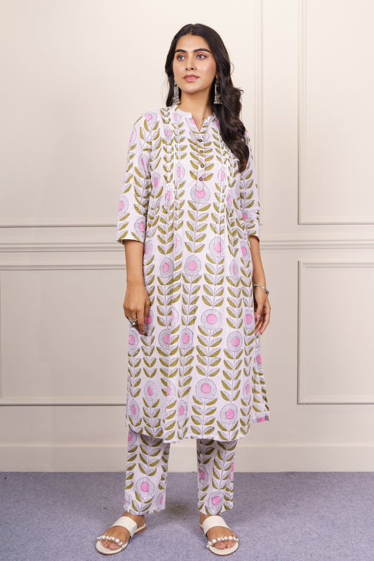 White Pink A-Line Kurta Set-KS793