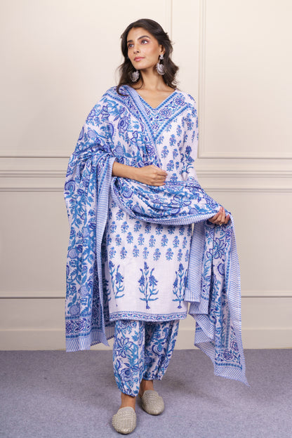Blue White Kurta Dupatta Set-KS819