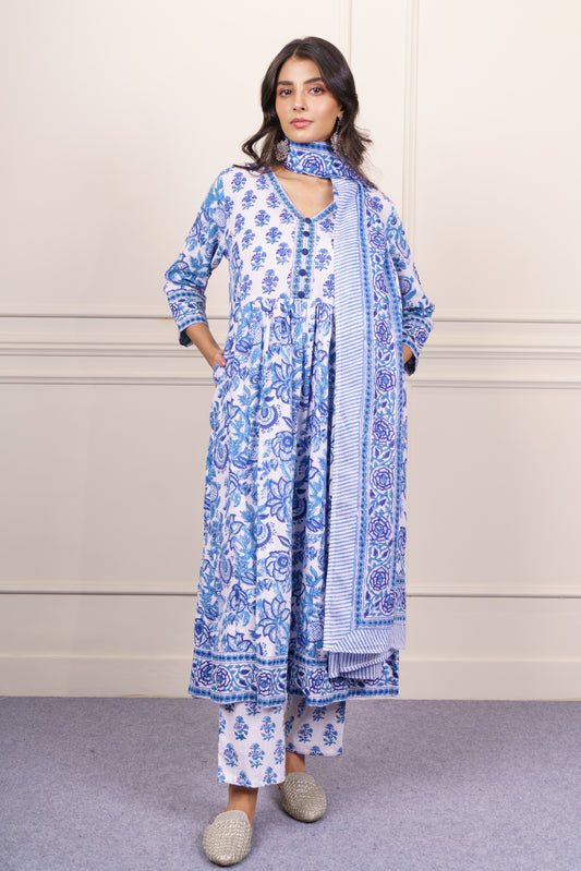 White Blue Floral kurta Dupatta Set-KS821