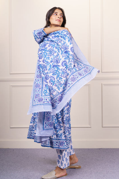 White Blue Floral kurta Dupatta Set-KS821
