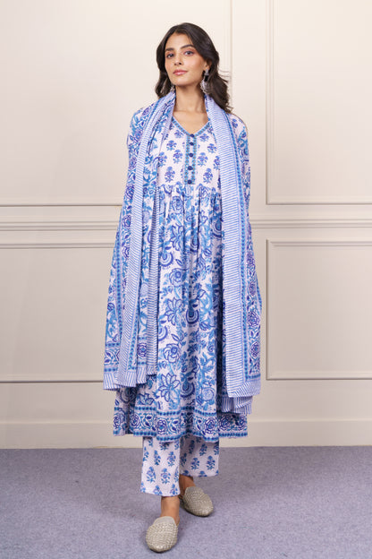 White Blue Floral kurta Dupatta Set-KS821