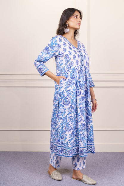 White Blue Floral kurta Dupatta Set-KS821