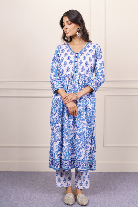White Blue Floral kurta Set-KS803