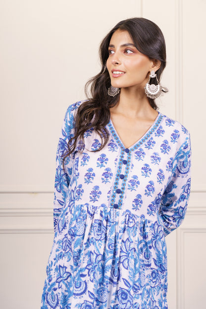 White Blue Floral kurta-KS781