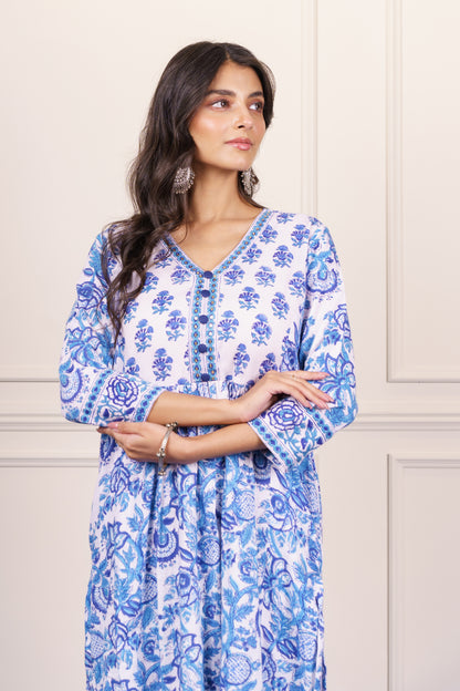White Blue Floral kurta-KS781