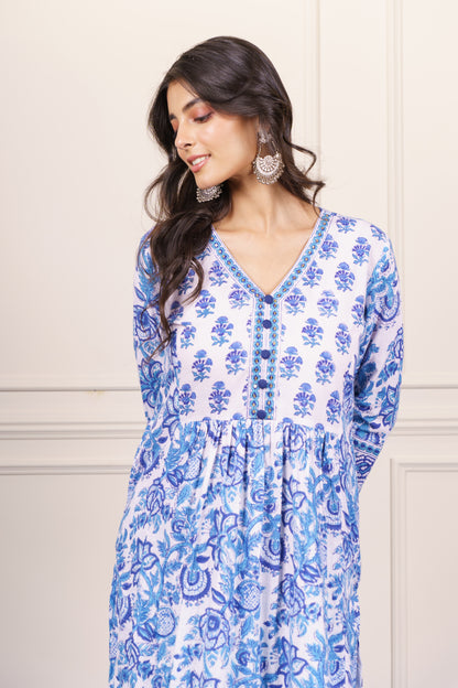White Blue Floral kurta-KS781