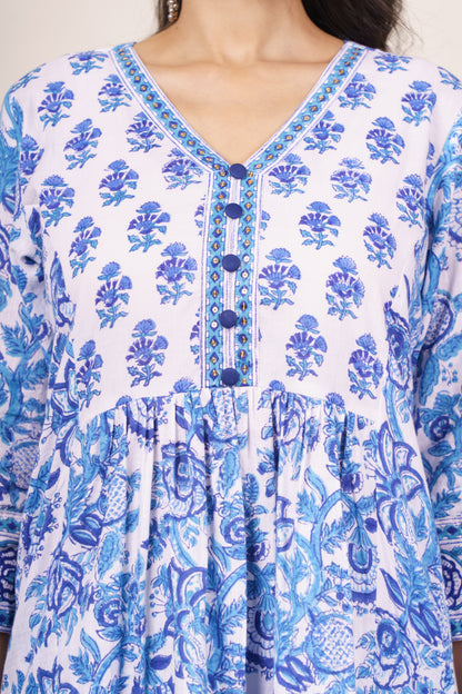 White Blue Floral kurta Set-KS803