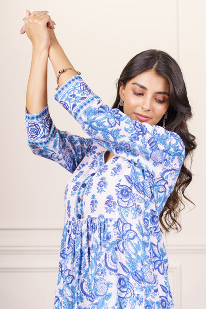 White Blue Floral kurta-KS781