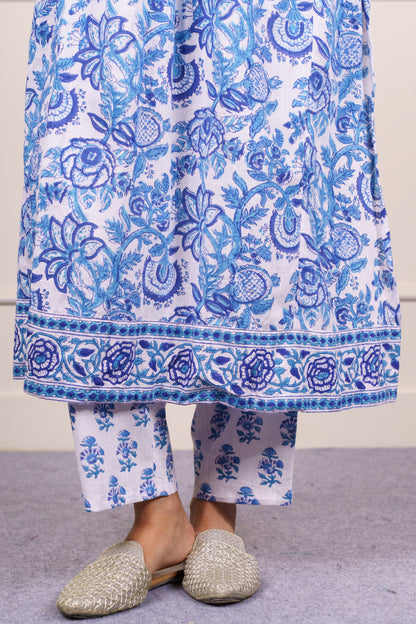 White Blue Floral kurta Dupatta Set-KS821