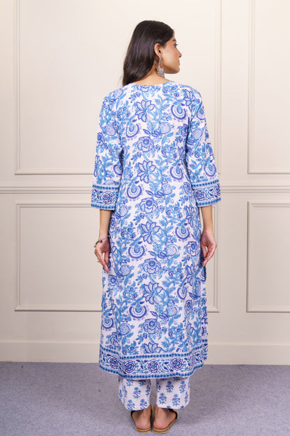 White Blue Floral kurta Dupatta Set-KS821