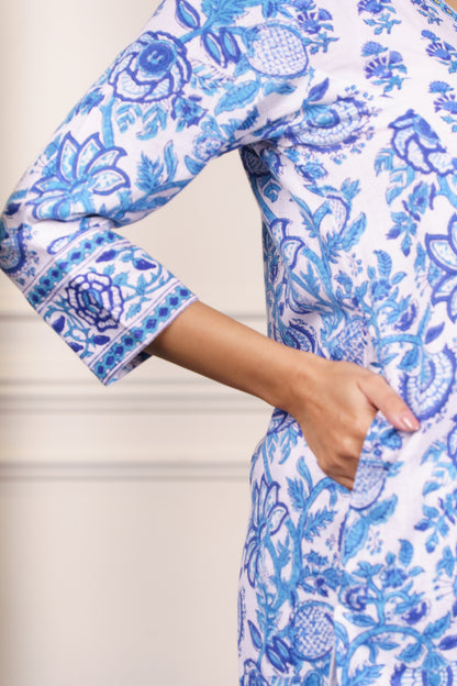 White Blue Floral kurta-KS781