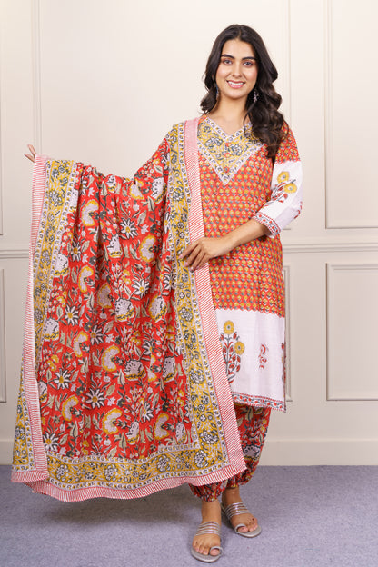 Orange White Kurta Dupatta Set-KS822