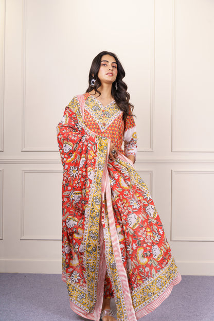 Orange White Kurta Dupatta Set-KS822