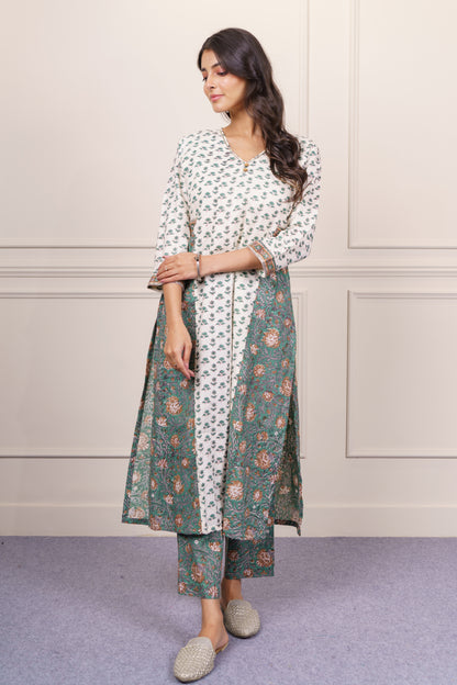 Soft Beige Green kurta Dupatta Set-KS824