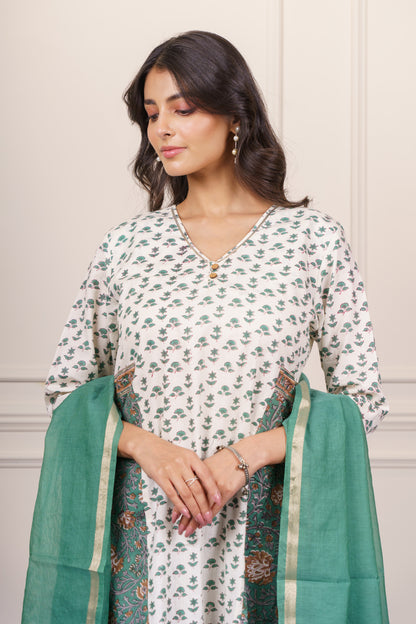 Soft Beige Green kurta Dupatta Set-KS824
