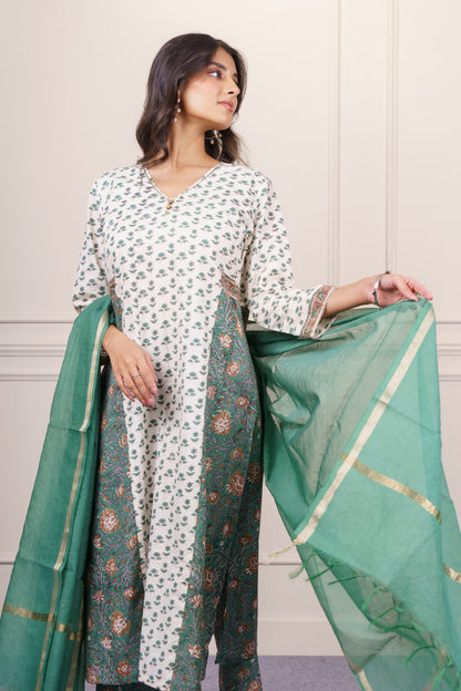 Soft Beige Green kurta Dupatta Set-KS824