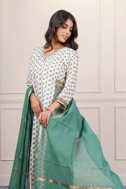 Soft Beige Green kurta Dupatta Set-KS824