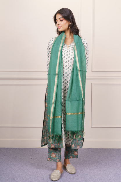 Soft Beige Green kurta Dupatta Set-KS824