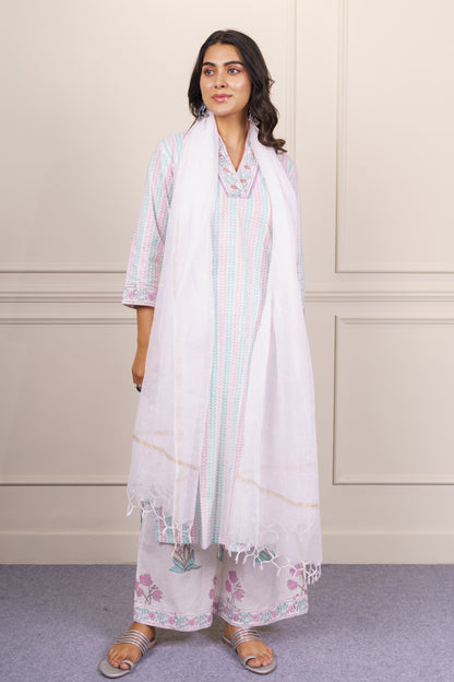 Elegant white cotton kurta Dupatta Set-KS823